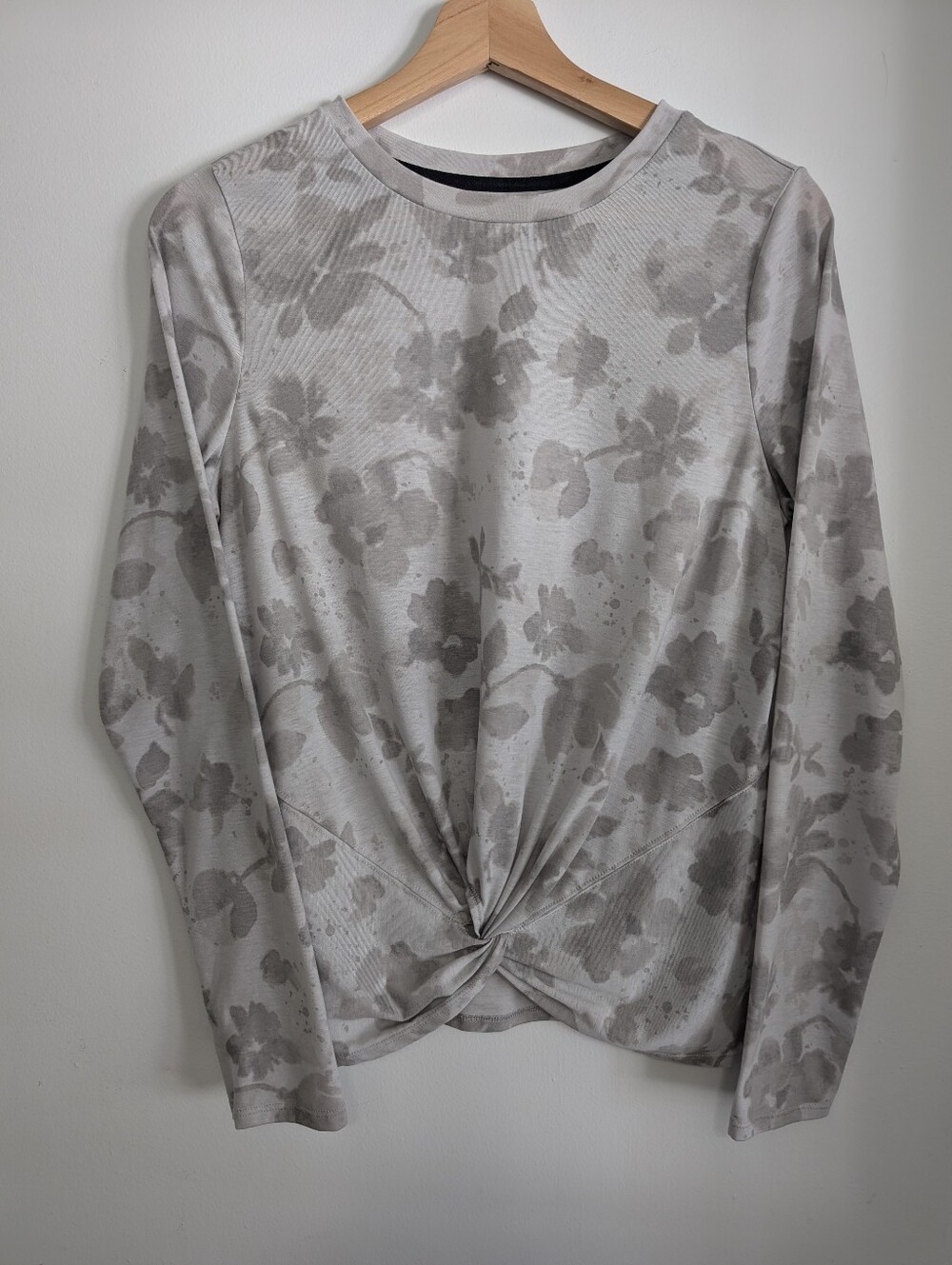Shambhala Medium Floral Long Sleeve Twist Top Grey Watercolor Flowers Neutral